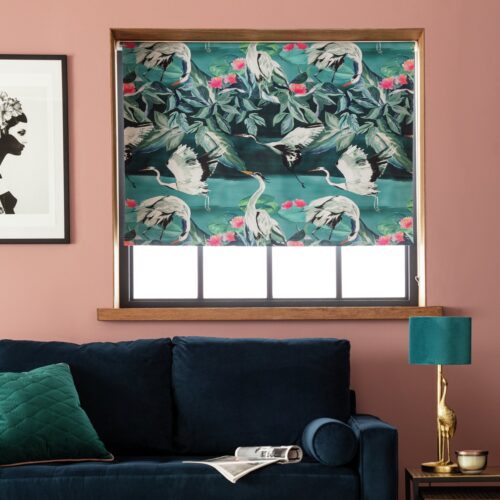 Argos Home Japonica Crane Blackout Teal Roller Blind 90x160